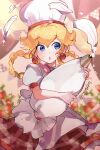  1girl absurdres baking blonde_hair blue_eyes blush braid braided_hair_rings dress earrings hair_rings hanaon highres holding jewelry long_hair looking_at_viewer official_alternate_costume official_alternate_hairstyle open_mouth pastry_bag pastry_chef_peach princess_peach princess_peach:_showtime! puffy_short_sleeves puffy_sleeves short_sleeves solo super_mario_bros. 