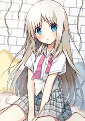  1girl barefoot blonde_hair blue_eyes brick_wall collared_shirt dress_shirt grey_skirt haruchimo highres little_busters! long_hair noumi_kudryavka pink_ribbon plaid plaid_skirt ribbon school_uniform shirt sitting skirt solo star_pillow summer_uniform undone_bowtie wariza white_shirt 