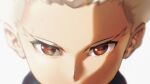  1boy close-up commentary eye_focus eye_reflection gouenji_shuuya highres inazuma_eleven_(series) kidou_yuuto looking_at_viewer male_focus omisotayan portrait red_eyes reflection simple_background solo spiky_hair straight-on sweat symbol-only_commentary white_background white_hair 
