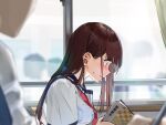  1girl blue_eyes blue_sailor_collar blurry blurry_background blurry_foreground blush breasts brown_hair classroom commentary_request depth_of_field funi_mu9 hair_behind_ear indoors large_breasts long_hair neckerchief original profile red_neckerchief sailor_collar school_uniform serafuku shirt short_hair solo_focus sweatdrop upper_body wavy_mouth white_shirt wide-eyed window 