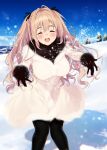  1girl ^_^ black_gloves black_pantyhose black_ribbon black_scarf blue_sky blurry blush bow breasts closed_eyes clouds day depth_of_field dot_nose dress fur-trimmed_dress fur-trimmed_gloves fur_scarf fur_trim gloves hair_bow hair_ribbon hands_up highres idolmaster idolmaster_cinderella_girls idolmaster_cinderella_girls_starlight_stage large_breasts long_hair mizuki_makoto open_mouth outdoors pantyhose pigeon-toed pink_hair ribbon saionji_kotoka scarf shadow sky smile snow solo standing teeth thick_eyebrows tree twintails two_side_up upper_teeth_only white_dress winter 