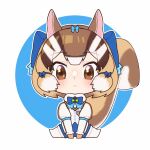  1girl animal_ears blue_background brown_eyes brown_hair chipmunk_ears chipmunk_girl chipmunk_tail extra_ears gloves hauru_252 highres kemono_friends kemono_friends_v_project kneehighs looking_at_viewer microphone ribbon shirt short_hair shorts siberian_chipmunk_(kemono_friends) simple_background socks solo tail vest virtual_youtuber 