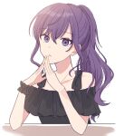  1girl asahina_mafuyu black_shirt commentary_request hands_up long_hair looking_at_viewer off-shoulder_shirt off_shoulder parted_lips ponytail project_sekai purple_hair shirt sidelocks solo suiu upper_body violet_eyes white_background 