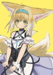 1girl animal_ears arknights bare_shoulders black_collar blonde_hair blue_hairband blush braid braided_hair_rings closed_mouth clothing_cutout collar colored_tips commentary dress fox_ears fox_girl fox_tail frilled_sleeves frills green_eyes hair_rings hairband highres holding infection_monitor_(arknights) kitsune kyuubi looking_at_viewer mikeneko90 multicolored_hair multiple_tails oripathy_lesion_(arknights) purple_dress short_sleeves shoulder_cutout simple_background single_wrist_cuff smile solo split_mouth suzuran_(arknights) tail twin_braids two-tone_hair white_hair wrist_cuffs yellow_background 