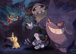  1boy absurdres ahoge allister_(pokemon) black_hair black_shirt black_shorts blue_eyes colored_sclera coogee dated duskull forest gengar ghost glowing glowing_eyes grin highres long_sleeves male_focus mask mimikyu misdreavus nature night phantump poke_ball poke_ball_(basic) pokemon pokemon_(game) pokemon_swsh red_eyes shirt short_hair shorts shuppet signature smile squatting tombstone white_footwear yellow_sclera 
