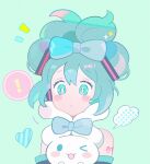  ! :t aqua_bow aqua_eyes aqua_hair black_sleeves blush_stickers borrowed_hairstyle bow cinnamiku cinnamoroll clouds creature detached_sleeves dot_nose ear_bow folded_twintails green_background hatsune_miku heart highres holding holding_creature klarogiraffe multicolored_hair number_tattoo one_eye_closed pastel_colors sanrio sparkle spoken_exclamation_mark tattoo tied_ears twintails updo upper_body vocaloid 