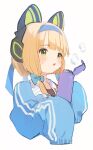  1girl animal_ear_headphones animal_ears blonde_hair blue_archive blue_bow blush bottle bow fake_animal_ears green_eyes hair_bow headphones highres holding holding_bottle jacket marekamico midori_(blue_archive) open_mouth short_hair simple_background sleeves_past_fingers sleeves_past_wrists solo sweat track_jacket upper_body white_background 