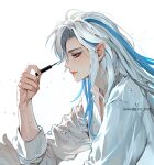  1231_0720 1boy applying_makeup artist_name blue_eyeshadow blue_hair blush collared_shirt commentary_request english_commentary eyelashes eyeshadow genshin_impact hair_between_eyes hands_up holding korean_commentary long_hair long_sleeves makeup makeup_brush male_focus mixed-language_commentary multicolored_hair neuvillette_(genshin_impact) parted_bangs parted_lips pointy_ears profile shirt sidelocks simple_background solo streaked_hair twitter_username upper_body violet_eyes watermark white_background white_hair white_shirt 
