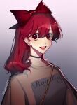  1girl artist_name black_choker bow choker earrings english_text gradient_background grey_background hair_bow highres jewelry llamartist long_hair looking_at_viewer open_mouth persona persona_5 red_bow red_eyes redhead shirt shoulder_strap solo teeth upper_body upper_teeth_only white_shirt yoshizawa_kasumi 