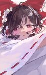 1girl absurdres black_hair bow close-up hakurei_reimu half-closed_eyes hand_up highres japanese_clothes ksagi looking_at_viewer miko open_mouth red_bow red_eyes simple_background touhou white_background white_sleeves 
