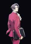  1boy ace_attorney ascot black_background closed_mouth commentary_request folder from_behind frown grey_eyes grey_hair hair_intakes holding holding_folder jacket long_sleeves looking_at_viewer looking_back male_focus miles_edgeworth pants red_jacket red_pants red_suit short_hair simple_background solo standing suit taba_(tb_gya) 