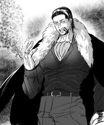  1boy ascot black_hair cigar collared_shirt crocodile_(one_piece) feet_out_of_frame geokinesis greyscale hair_slicked_back hand_up highres huge_pectorals large_hands light_frown looking_at_viewer male_focus mature_male monochrome one_piece ppp_0066188 sand scar scar_on_face scar_on_nose shirt short_hair smoking solo standing stitches v-taper 