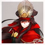  1girl black_hair border cape chain closed_mouth coogee fate/grand_order fate_(series) grey_background hat high_collar highres long_hair looking_at_viewer medallion military_hat oda_nobunaga_(fate) oda_nobunaga_(koha-ace) oda_uri peaked_cap portrait red_cape red_eyes signature smile solo white_border 