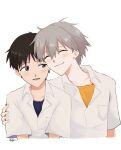  2boys black_hair blue_eyes blue_shirt closed_eyes closed_mouth grey_hair hair_between_eyes happy ikari_shinji male_focus multiple_boys nagisa_kaworu neon_genesis_evangelion open_mouth orange_shirt shirt signature simple_background uhyo_vi white_background white_shirt 