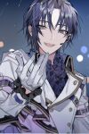  1boy blue_background gloves grey_background headset highres idolish7 izumi_iori jacket looking_at_viewer male_focus outstretched_hand purple_hair purple_shirt shirt short_hair smile solo tamotui7 teeth violet_eyes white_gloves white_jacket 
