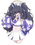  1girl @_@ black_hair blue_archive cheerleader detached_collar dr_yamero hair_between_eyes halo highres long_hair millennium_cheerleader_outfit_(blue_archive) navel pom_pom_(cheerleading) simple_background skirt twintails ui_(blue_archive) white_background 