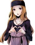  1girl blonde_hair brown_hair headband heart heart_hands highres jewelry long_hair looking_at_viewer mifune_chihaya necklace persona persona_5 pertex_777 simple_background solo upper_body violet_eyes white_background 