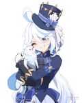  1girl ;d absurdres ahoge animal_hug ascot asiri_senpai asymmetrical_gloves black_ascot blue_eyes commentary drop-shaped_pupils furina_(genshin_impact) genshin_impact gloves grin hair_between_eyes hat head_tilt highres leisurely_otter_(genshin_impact) long_hair long_sleeves looking_at_another low_twintails mismatched_gloves multicolored_hair one_eye_closed otter sidelocks simple_background smile streaked_hair top_hat twintails two-tone_hair wavy_hair white_background white_hair 