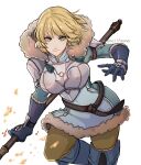  1girl absurdres armor blonde_hair blue_gloves breastplate closed_mouth commentary english_commentary fire_emblem fire_emblem:_three_houses fire_emblem_warriors:_three_hopes fur_trim gloves highres holding holding_polearm holding_weapon hood hood_down ingrid_brandl_galatea looking_at_viewer official_alternate_costume official_alternate_hairstyle pants pauldrons polearm short_hair shoulder_armor sierra117renner simple_background solo spear twitter_username weapon white_background yellow_pants 