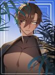  1boy absurdres ahoge blue_eyeliner brown_hair collarbone dabin dangle_earrings dark-skinned_male dark_skin earrings eyeliner fate/grand_order fate_(series) hair_between_eyes highres jewelry looking_at_viewer makeup male_focus ozymandias_(fate) pectorals plant portrait short_hair slit_pupils solo yellow_eyes 