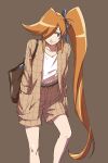  1girl ace_attorney alternate_costume athena_cykes bag belt black_belt blue_eyes blue_ribbon brown_background brown_bag brown_jacket brown_shorts closed_mouth commentary_request crescent crescent_earrings earrings hair_over_one_eye hair_ribbon hands_in_pockets jacket jewelry long_hair long_sleeves looking_to_the_side orange_hair ponytail ribbon shirt shorts shoulder_bag side_ponytail simple_background single_earring smile solo standing taba_(tb_gya) very_long_hair white_shirt 