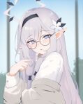 1girl :o absurdres bespectacled blue_archive blurry blurry_background blush flower genso_(gitsoone) glasses hair_flower hair_ornament halo highres himari_(blue_archive) light_purple_hair looking_at_viewer looking_to_the_side mole mole_under_eye pointy_ears round_eyewear shirt sidelocks solo upper_body white_shirt 