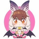  1girl animal_ears bat_ears bat_girl bat_wings brown_eyes brown_hair brown_long-eared_bat_(kemono_friends) elbow_gloves extra_ears gloves grey_hair hauru_252 highres kemono_friends kemono_friends_v_project leotard long_hair looking_at_viewer microphone pantyhose purple_background simple_background skirt solo virtual_youtuber wings 