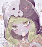 1girl blush_stickers collarbone cosplay danganronpa:_trigger_happy_havoc danganronpa_(series) eating food green_eyes green_hair highres hood hood_up looking_at_viewer medium_hair monokuma monokuma_(cosplay) naruse_(nal1525) portrait solo towa_monaca white_background