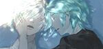  2others androgynous antarcticite aqua_hair blue_background crystal_hair facing_another facing_viewer gem_uniform_(houseki_no_kuni) hair_over_one_eye hand_on_another&#039;s_cheek hand_on_another&#039;s_face hand_up highres houseki_no_kuni lying multiple_others on_back on_side one_eye_covered other_focus parted_lips phosphophyllite portrait profile short_hair sleeping sparkle sunlight white_hair yorha_2b2e 