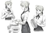  1girl ahoge apron artoria_pendragon_(fate) blouse bowl braid chopsticks cooking eating emknov english_commentary fate/grand_order fate/stay_night fate_(series) hair_bun hair_ribbon highres holding holding_bowl kitchen_knife monochrome neck_ribbon ribbon rice_bowl saber shirt single_hair_bun solo tray 