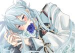  1boy bishounen blue_flower blue_hair blue_rose blush braid covered_mouth ensemble_stars! flower flower_over_mouth hair_bun half_updo hibiki_wataru highres jacket kushiro_w light_blue_hair long_hair long_sleeves lying male_focus on_side rose solo violet_eyes white_background white_flower white_jacket white_rose 