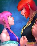  3girls blue_eyes blunt_bangs breasts brown_hair chain chain_necklace clenched_hand deltoids dougi eye_contact faceoff from_side gold_chain halterneck height_difference highres implied_yuri jewelry kimberly_jackson lips looking_at_another manon_legrand marisa_(street_fighter) medallion medium_breasts mole mole_under_eye multiple_girls muscular muscular_female necklace off_shoulder parody quasimodox redhead short_hair short_hair_with_long_locks sidelocks street_fighter street_fighter_6 street_fighter_zero_(series) 