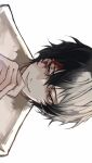  1boy black_hair blood blood_on_face brown_eyes bungou_stray_dogs commentary dazai_osamu_(bungou_stray_dogs) hair_between_eyes hand_to_own_mouth highres looking_at_viewer male_focus portrait prison_clothes short_hair simple_background smile solo white_background ya_ta 