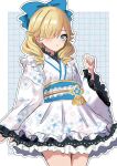  1girl absurdres blonde_hair blue_bow blue_eyes blue_sash blush bow commentary_request cowboy_shot drill_hair fire_emblem fire_emblem_engage floral_print frills hair_bow hair_over_one_eye hand_up highres japanese_clothes kimono long_sleeves looking_at_viewer madeline_(fire_emblem) medium_hair obi sash solo standing white_kimono wide_sleeves yuurururun 