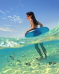  1girl animal black_hair blue_innertube blurry caustics clouds cloudy_sky commentary depth_of_field english_commentary fish full_body highres innertube long_hair ocean original partially_underwater_shot profile sam_yang sand sky smile solo wading 