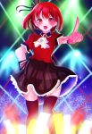  1girl arima_kana black_ribbon black_skirt blush bob_cut derivative_work dress gloves hat hat_ribbon highres idol idol_clothes inverted_bob open_mouth oshi_no_ko pink_gloves red_dress red_eyes red_shirt red_socks redhead ribbon shirt skirt smile socks stage_lights thamoda426 