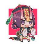  1girl black_dress black_footwear black_headwear border chibi china_dress chinese_clothes dress eyeliner fang fate/grand_order fate_(series) hair_rings hat horns jiangshi makeup ofuda oneroom-disco oni_horns open_mouth outstretched_arms pink_eyeliner pointy_ears purple_hair qing_guanmao shuten_douji_(fate) shuten_douji_(festival_outfit)_(fate) skin-covered_horns solo violet_eyes white_border zombie_pose 