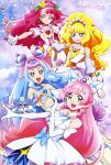 4girls :d absurdres blonde_hair blue_eyes blue_hair bow bridal_gauntlets character_request closed_mouth collarbone crop_top cure_finale cure_la_mer cure_prism delicious_party_precure dress elbow_gloves flower gloves gradient_hair green_eyes hair_bow hair_flower hair_intakes hair_ornament hanadera_nodoka healin&#039;_good_precure heart heart_hair_ornament heart_hands heart_hands_duo highres hiramitsu_hinata hirogaru_sky!_precure holding kasai_amane laura_la_mer long_hair looking_at_viewer midriff multicolored_eyes multicolored_hair multiple_girls open_mouth pink_hair precure purple_hair rabirin_(precure) red_eyes redhead sleeveless sleeveless_dress smile stomach strapless tropical-rouge!_precure very_long_hair white_bow white_dress white_gloves yellow_flower