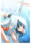  2girls absurdres animal_ear_fluff animal_ears arknights black_hair blue_shirt closed_eyes closed_mouth collared_shirt earphones english_text extra_ears highres lappland_(arknights) long_hair looking_at_another lying multiple_girls on_back on_stomach orange_eyes parted_lips red_shirt senkane shared_earphones shirt short_sleeves smile stuffed_animal stuffed_rabbit stuffed_toy texas_(arknights) upper_body white_hair wolf_ears 