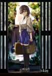  1girl artist_name bag black_thighhighs blue_hakama blurry blurry_background brown_hair closed_mouth commentary_request doorway full_body geta hakama hakama_short_skirt hakama_skirt highres holding holding_bag holding_suitcase japanese_clothes kaga_(kancolle) kantai_collection kimono long_hair looking_at_viewer pov_doorway redrawn seitei_(04seitei) side_ponytail skirt smile socks solo suitcase thigh-highs white_kimono white_socks zettai_ryouiki 