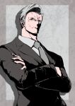  1boy absurdres black_suit brown_eyes character_request closed_mouth crossed_arms grey_hair grey_necktie grey_shirt highres necktie old old_man punishing:_gray_raven shirt short_hair solo suit takashi_san 