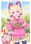  1girl animal_ear_headphones animal_ears black_thighhighs blonde_hair blue_archive blush bow brown_shorts cat_tail chestnut fake_animal_ears food hair_bow halo harada_(sansei_rain) headphones highres holding holding_food hood hooded_jacket jacket long_sleeves looking_at_viewer medium_hair momoi_(blue_archive) multiple_views open_mouth pink_eyes pink_halo pink_jacket red_bow shorts tail thigh-highs tree 