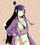  1girl ace_attorney black_hair blunt_bangs closed_mouth hair_ornament half_updo hands_on_own_hips hanten_(clothes) jacket japanese_clothes jewelry kimono limited_palette long_hair long_sleeves looking_at_viewer magatama magatama_necklace maya_fey necklace parted_bangs purple_jacket sash sidelocks smile solo standing taba_(tb_gya) v-shaped_eyebrows wide_sleeves 