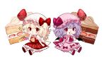  2girls bat_wings black_wings blonde_hair blush cake closed_mouth collared_shirt crystal flandre_scarlet food frilled_shirt_collar frilled_skirt frills full_body hair_between_eyes hat hat_ribbon long_hair mob_cap mochacot multiple_girls one_side_up pink_headwear pink_shirt pink_skirt puffy_short_sleeves puffy_sleeves purple_hair red_eyes red_footwear red_ribbon red_skirt red_vest remilia_scarlet ribbon sample_watermark shirt shoes short_hair short_sleeves siblings simple_background sisters skirt socks tongue tongue_out touhou vest watermark white_background white_headwear white_shirt white_socks wings wrist_cuffs 