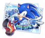  1boy absurdres animal_ears arms_behind_back blue_fur blurry blurry_background full_body gloves green_eyes hedgehog hedgehog_ears hedgehog_tail highres r131q red_footwear simple_background sonic_(series) sonic_the_hedgehog tail white_gloves 