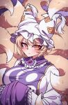  1girl absurdres animal_hat blonde_hair breasts fox_tail hands_in_opposite_sleeves hat highres kitsune littlecloudie long_sleeves mob_cap multiple_tails short_hair solo tabard tail touhou wide_sleeves yakumo_ran yellow_eyes 