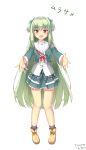  1girl :d blue_ribbon blunt_bangs blunt_ends blush boots character_name commentary_request cropped_jacket eyelashes full_body green_hair green_jacket green_skirt hair_ribbon happy highres hime_cut jacket kemo_(pokka) long_hair long_sleeves looking_at_viewer miniskirt murasame_(senren) official_alternate_costume open_mouth outstretched_arms red_eyes red_ribbon ribbon sailor_collar school_uniform senren_banka sidelocks signature simple_background skirt smile solo standing straight-on straight_hair two_side_up very_long_hair white_background white_sailor_collar yellow_footwear 