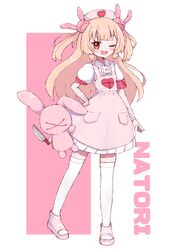  absurdres apron bandaged_arm bandages blush brown_hair fang full_body hair_ornament hand_on_own_hip hat highres long_hair natori_sana nurse_cap open_mouth pink_apron pink_footwear rabbit_hair_ornament red_eyes sana_channel sasugane_watashi shirt skin_fang stuffed_animal stuffed_rabbit stuffed_toy thigh-highs two_side_up virtual_youtuber white_shirt white_thighhighs 