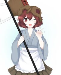  1other absurdres androgynous apron blue_kimono brown_skirt earthen_miraculous_sword fang fox10991 hakama hakama_short_skirt hakama_skirt helmet highres holding japanese_clothes katano_sukune katano_sukune&#039;s_bottle_opener kimono len&#039;en one_eye_closed open_mouth red_eyes redhead short_hair skirt smile waist_apron white_apron 