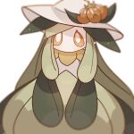  1girl blurry blush bright_pupils clothed_pokemon colored_sclera colored_skin commentary depth_of_field flower green_hair green_skin hat hat_flower highres leaf lilligant long_hair looking_at_viewer monster_girl multicolored_skin orange_sclera plant_girl pokemon pokemon_(creature) red_flower sidelocks simple_background solo standing straight-on sun_hat swept_bangs tamako_(pixiv_71110817) two-tone_skin very_long_hair white_background white_headwear white_pupils white_skin 